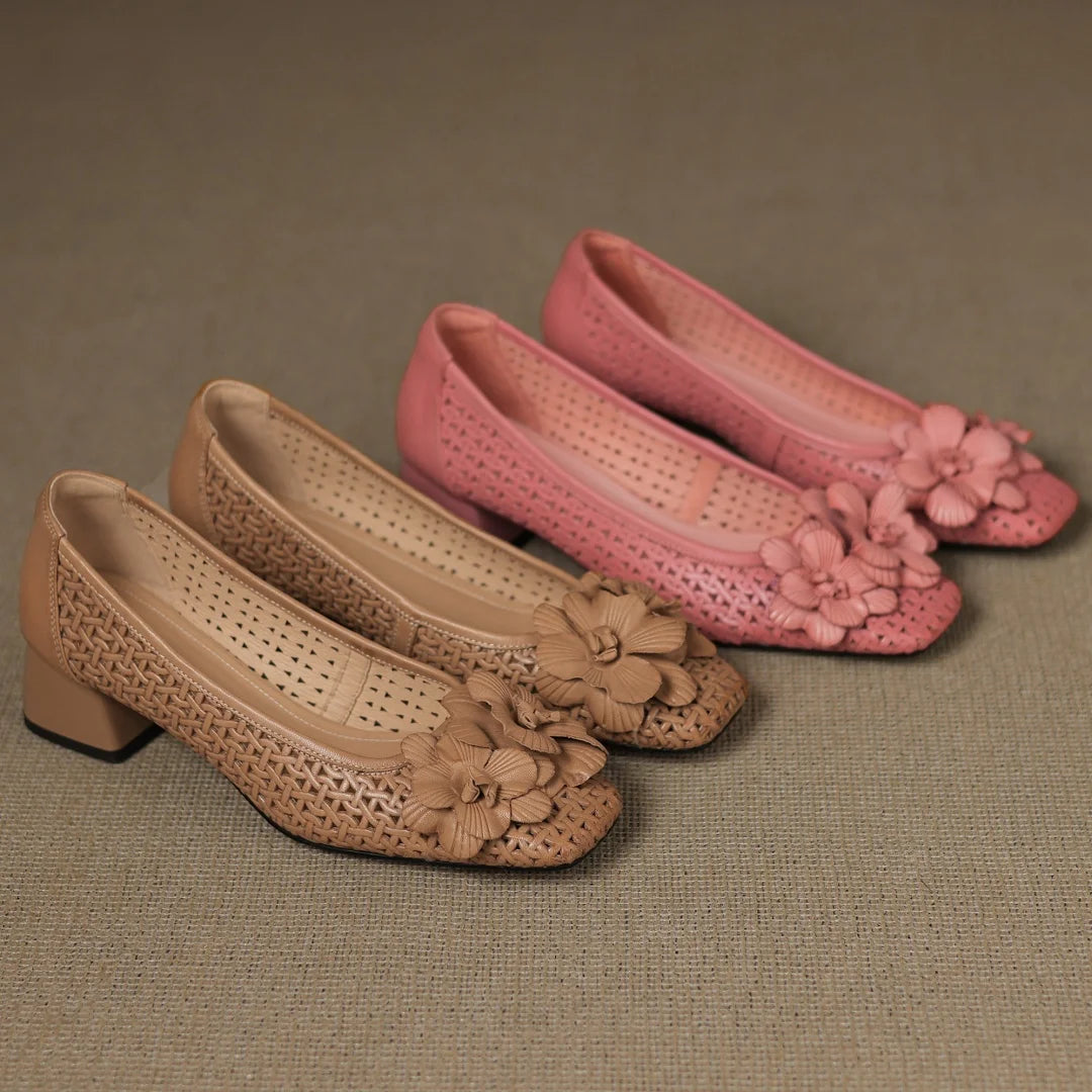 Plus size 41 women's hollow-out sheepskin square toe slip-on pumps 4cm thick med heel elegant ladies flower summer heels sandals