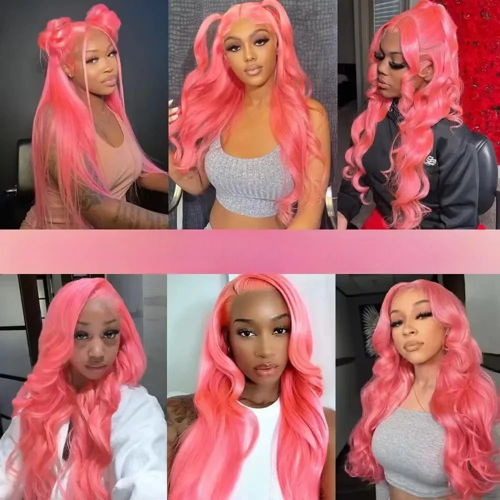 13x6 Pink Body Wave Lace Front Wigs For Women Long Wavy Hair Wig Soft Lace Wig With Natural Hairline Human Hair Party Cosplay