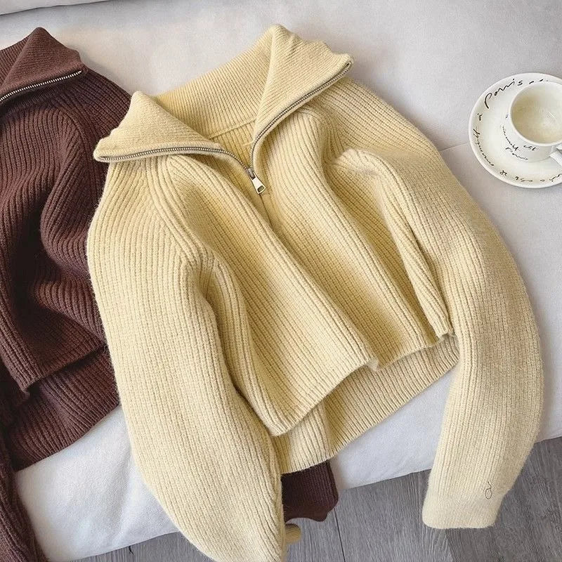 2024 Autumn New Korean Style Versatile Basics Half-zipper Loose Lapel Winter Long-sleeved Lazy Sweater Pullover Top