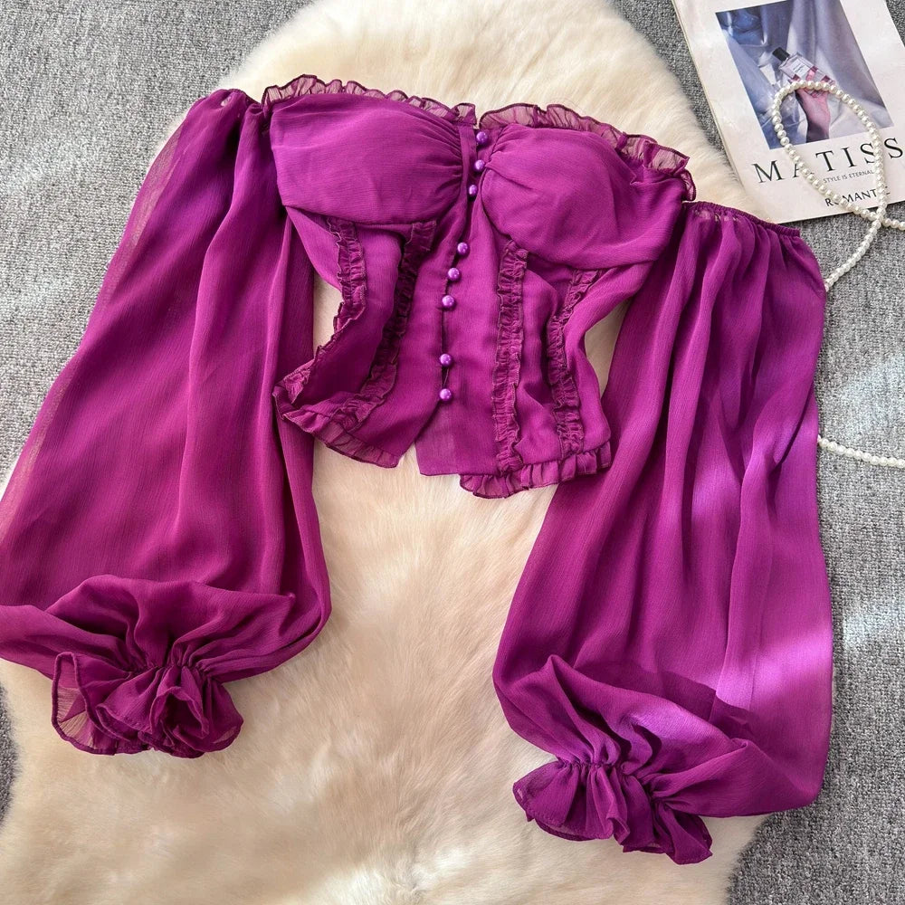 Chiffon Blouse for Women Slash Neck Off Shoulder Solid Color Camisas Ruffles Folds Backless Summer Blusas De Mujer Chic Dropship