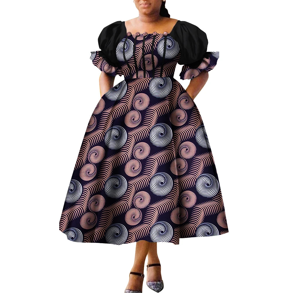 African Style Dresses for Women Puff Sleeve High Waist Gowns Ankara African Dress Princess Dress Robe Africaine Femme WY9970