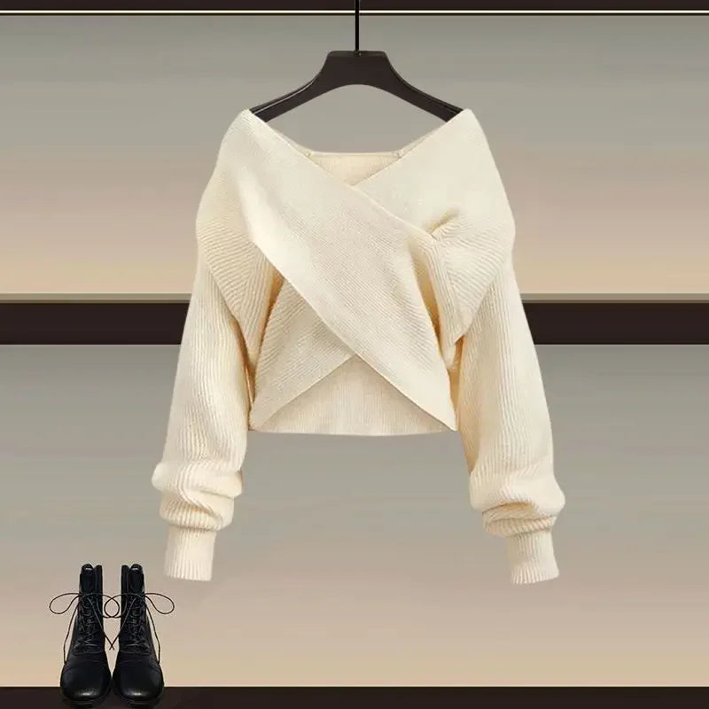 2025 Female Elegant Winter New Cross Knitted Sweater+Bottom Shirt+Black Strap Dress 3-Piece Suit Women Chic Hoodie Matching Set