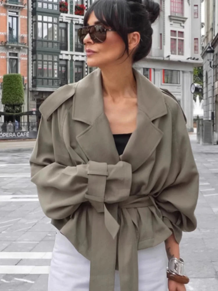 Lace Up Jacket For Women Casual Long Sleeve Turn Down Collar Autumn Outerwear