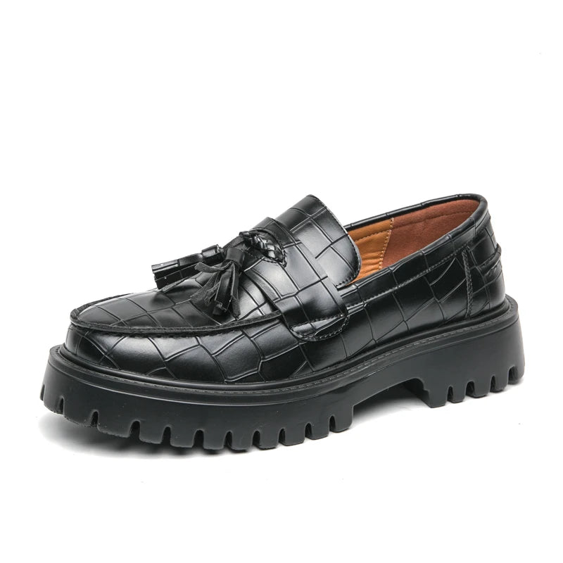 Men's thick soled leather shoes Gentleman retro elegant style Business Office Leisure 38-46 Adult thick soled loafers Black Gray