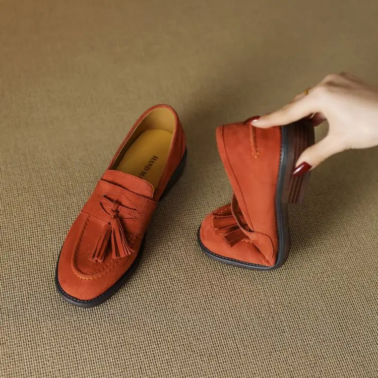 Women's loafers leather shoes Spring New Products Genuine leather sheepskin Nubuck Leather Black/Green/Orange Tassel decoration