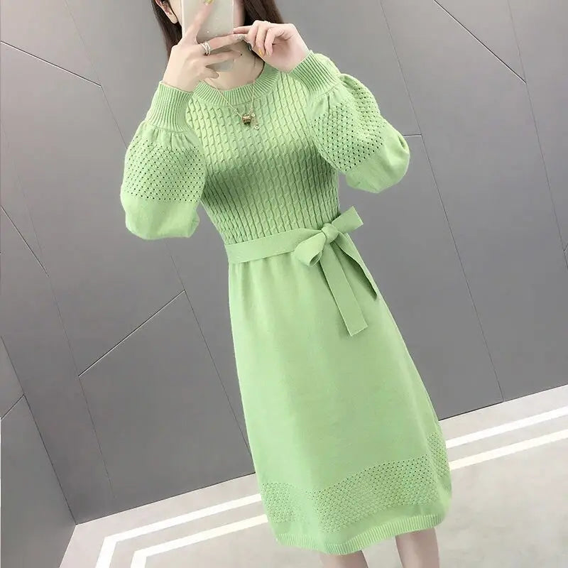 Solid O Neck Long Sleeve Sweaters Jersey Dress Elegant Fashion Harajuku Slim Fit Female Clothes Casual Sweat All Match Dresses
