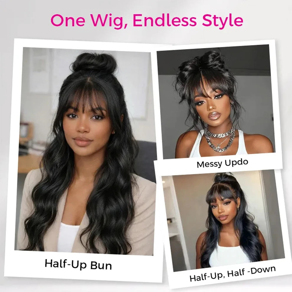 Body Wave Human Hair Wigs With Bangs Peruvian Cheap Glueless Wigs On Sale Clearance Full Machine Made Wig With Bangs For Woman
