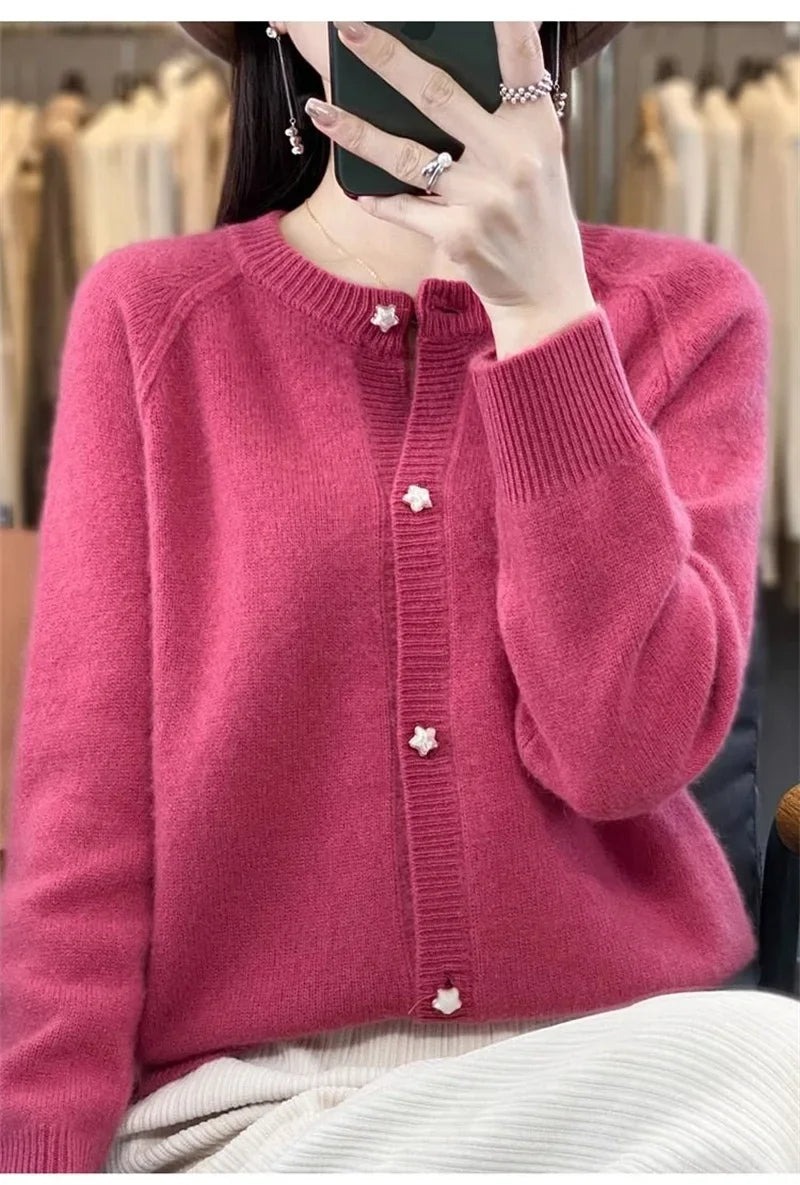 New Women Cardigan Sweater Autumn/Winter Round Neck Star Button Solid Knit Bottoming Shirt Jacket Quality Knitwear Female Tops