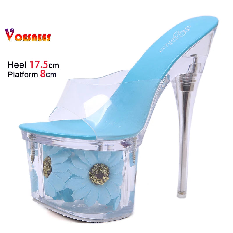 Crystal Transparent Shoes Women 17.5CM Super High Heels Plus Size Nightclub Sandals Clear Thin Heeled Fashion Female Slippers