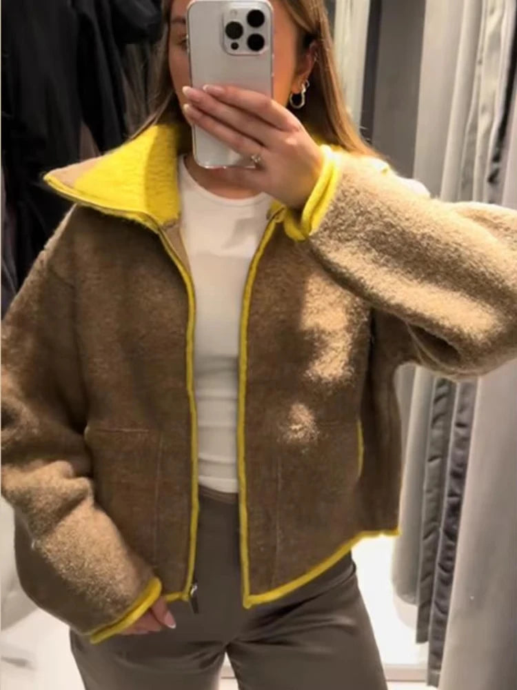 Fashion Contrasting Knitted Cardigan for Women Elegant Long Sleeve Pockets Zipper Sweater 2026 Spring Street Lady Chic Outwear