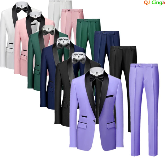 Men's Black 2-Pieces Set, Mariage Color Block Collar Suits Jacket Trousers, Male Business Wedding Blazers Coat Pants, Asian Size