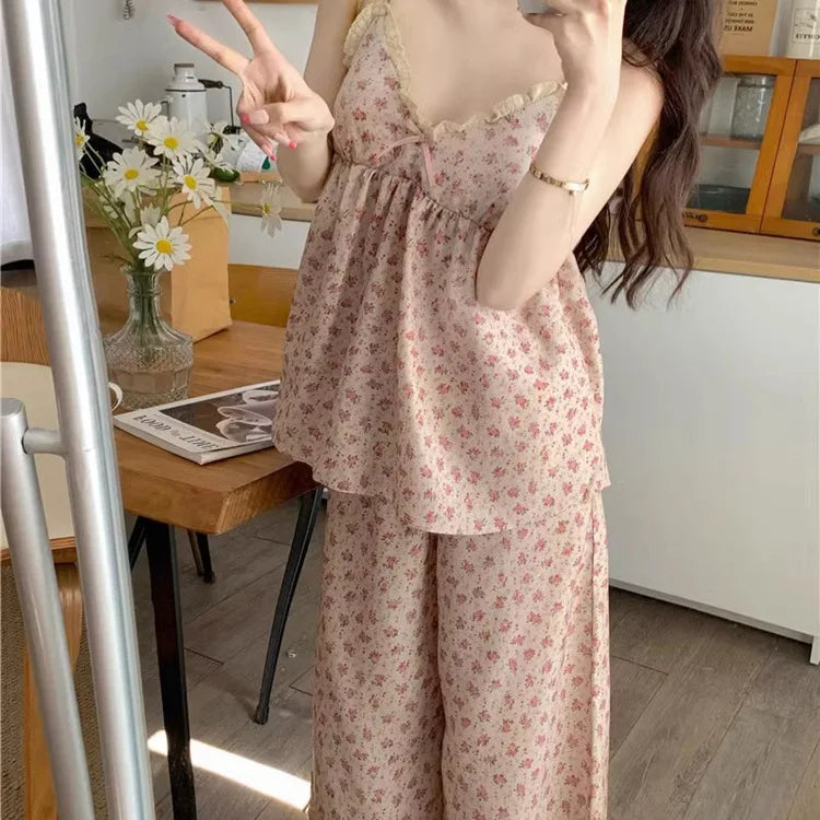 New Summer Vintage Floral Print Pajama Set with Padded Straps and Long Pants for Girls – Women's Summer Loungewear and Sleepwear