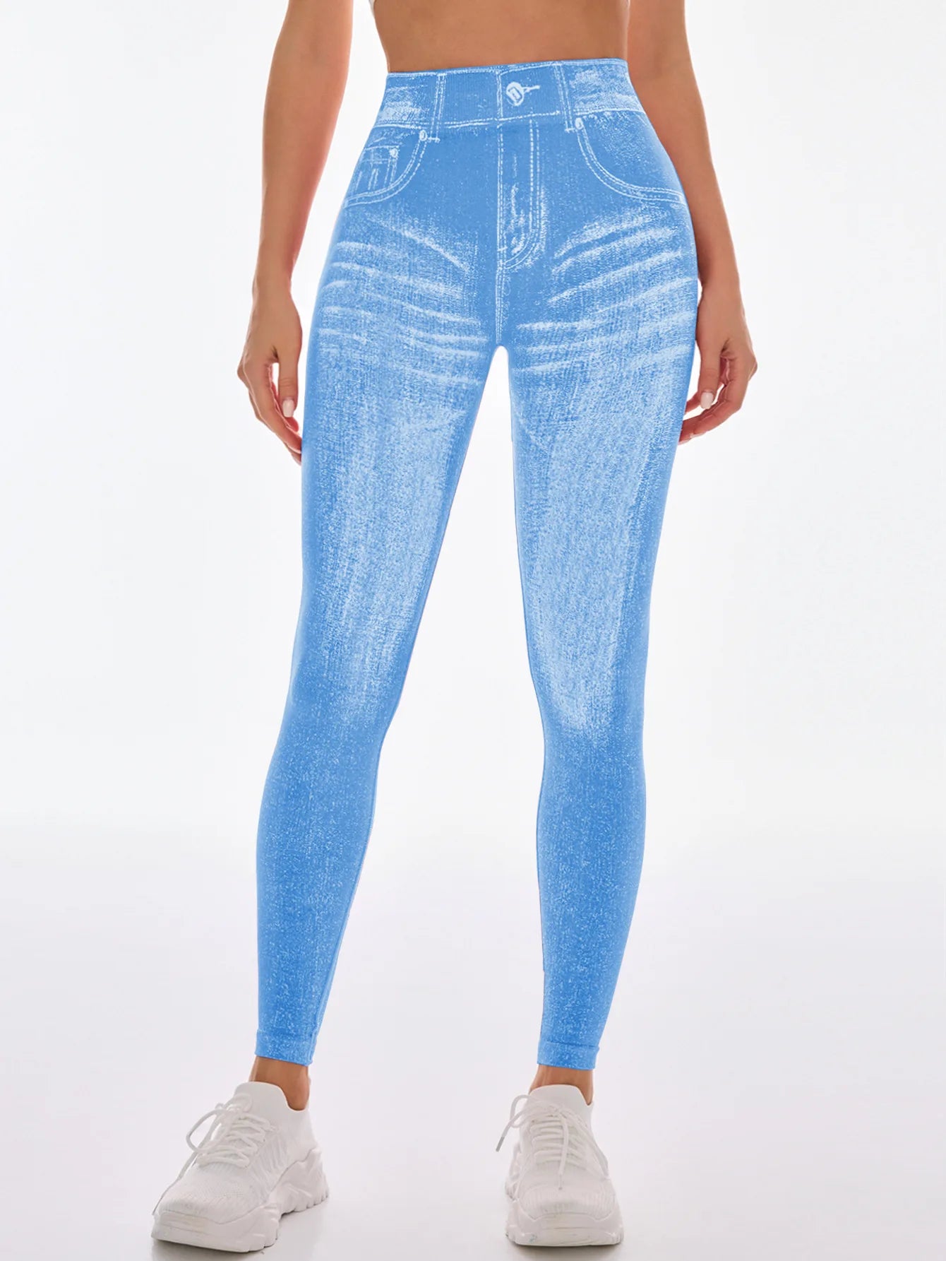 Women V Back Faux Denim Leggings For Gym Workout Athletic Yoga Pants Seamless