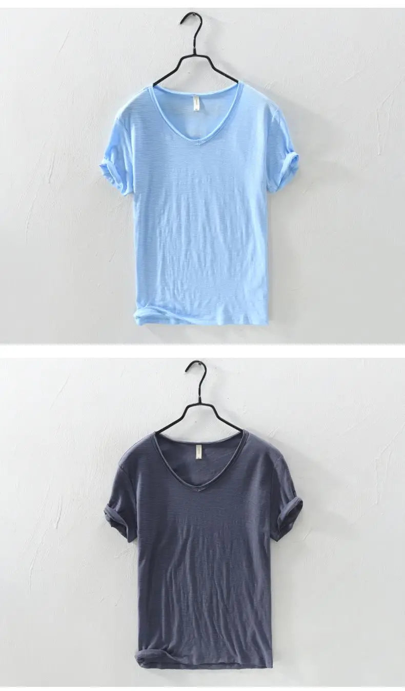 2023 Summer New 100% Cotton White T-shirt Male V-neck Solid Color Casual T Shirt Basic Tees Plus Size 3XL Short Sleeve Tops