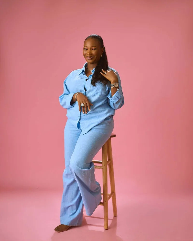 African Style Women 2 Piece Casual Outfits Blue Button Shirt & Wide Leg Pants Set Elegant Daily Streetwear Loose Loungewear