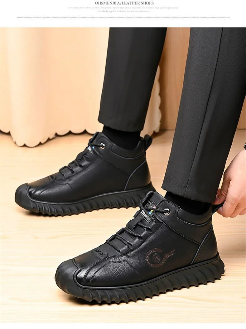 CINESSD New Warm Winter Velvet Men's Snow Boots Non-slip Men's Leather Boots Thick Bottom Dad Shoes