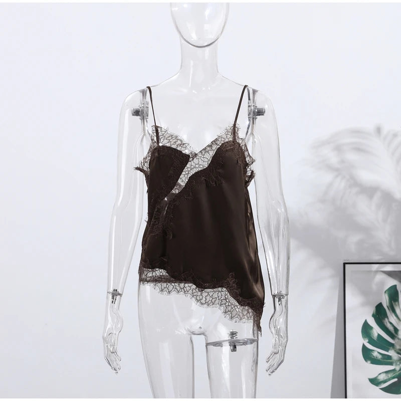 Lace Spliced Square Neck Spaghetti Strap Blouse Loose Fit Cropped 2026 Summer Women Chiffon Top Causal Delicate Lady Blusa