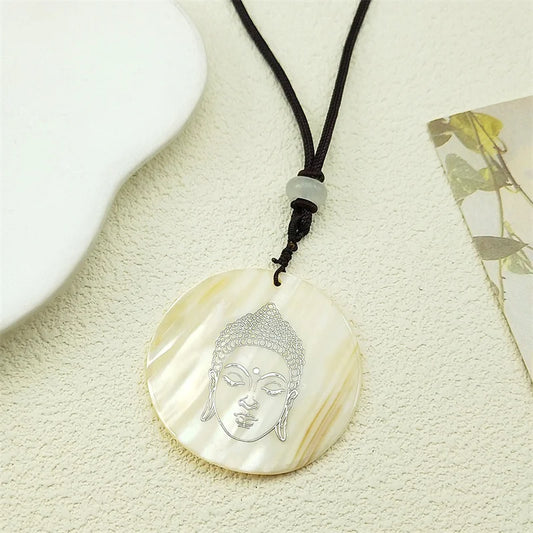 Natural Shell Bohemia Yoga Buddha Head Pendant Necklace for Women Men Cotton Rope Chain Amethyst Amulet Buddhist Jewelry Gift