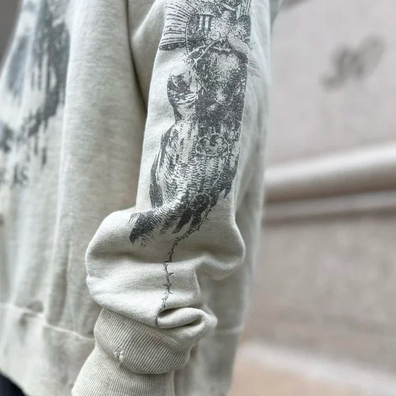Real Photo Portrait Graffiti Print Saint Hoodie Wash Do Old Destroy Loose Pullover Casual Women Men Sweatshirt
