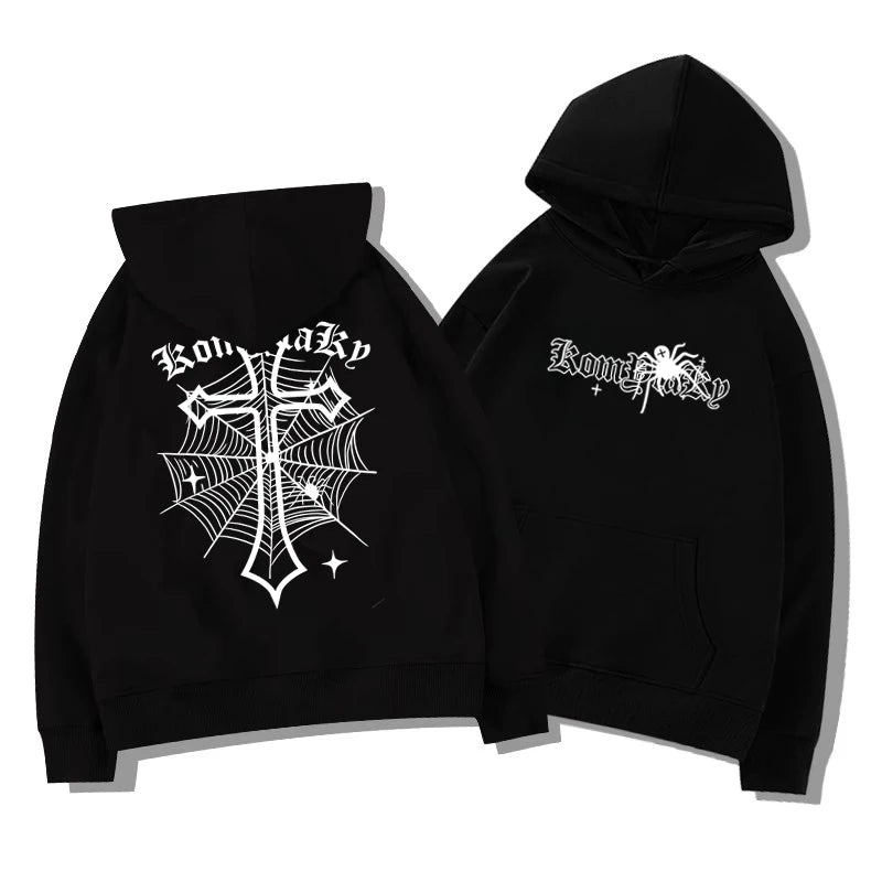 European American High Street Spider Cross Autumn Winter Fleece Warm Hooded Sweatshirt Casual Adult Men Versatile Soft Daily Use BAZAARHUBO