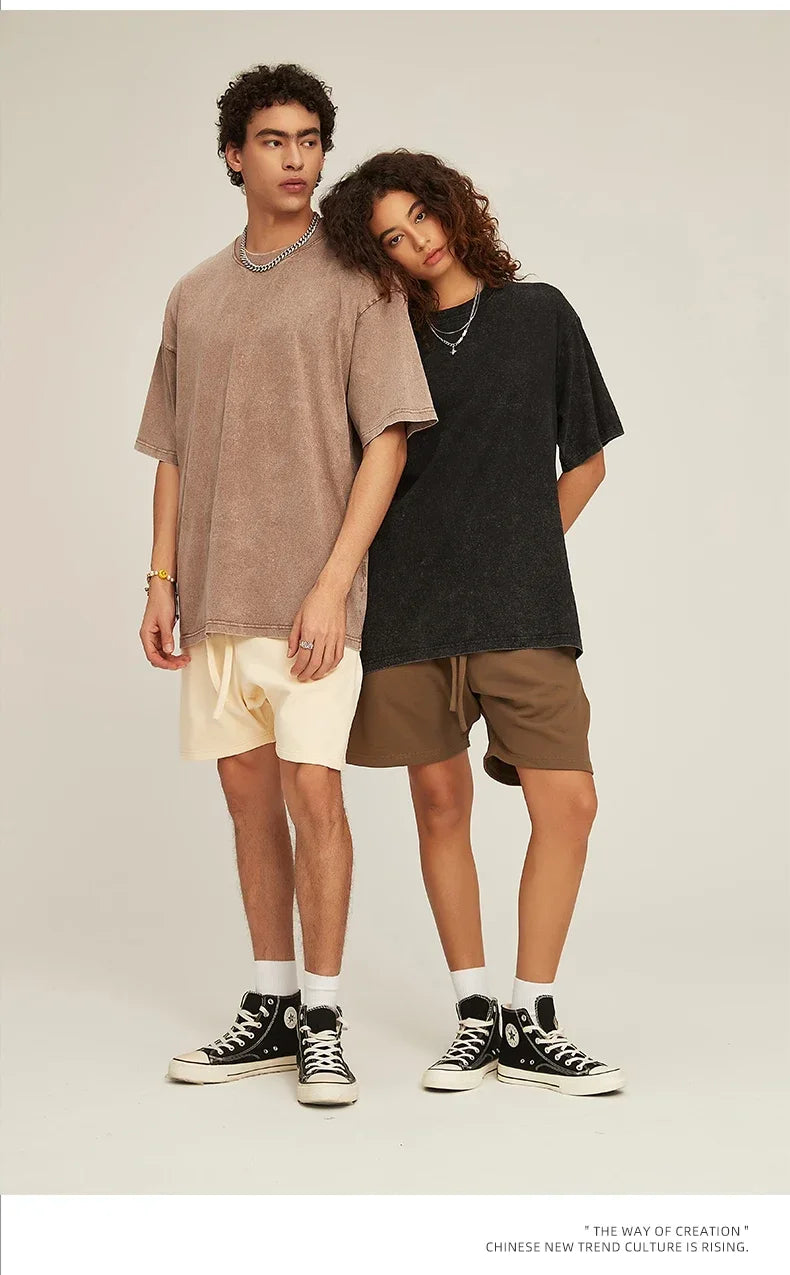 American Style Retro Heavyweight Solid Color Short Sleeved T-shirt Men Women Summer Street Trendy Washed Old Oversized Clothes