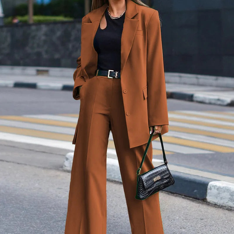 Women's Trousers Suit Casual Long Sleeve Jacket + Wide Leg Pant Female 2 Pieces Blazer Set Ladies Fashion Elegant Pant Suit