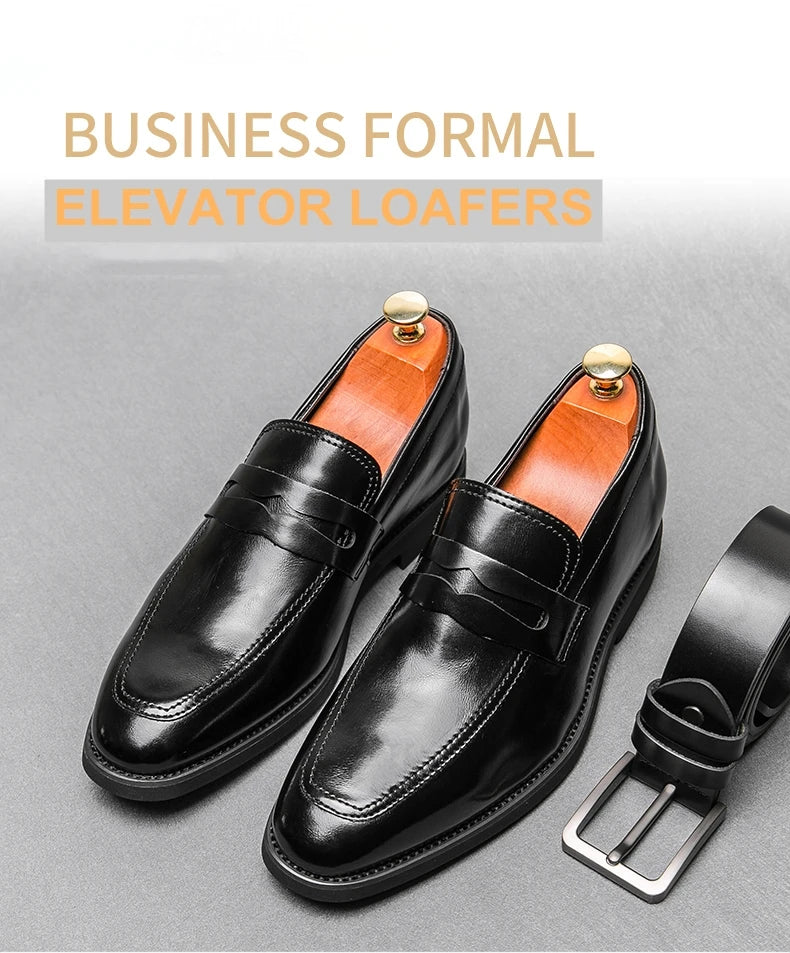 New Men Leather Shoes Height Elevator Shoes For Men Luxury Dress Shoes Slip On Business Comfortable Increase 6cm Wedding Loafers