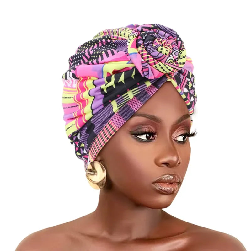 New African Knot turban Trend Floral Beanie Pre Tied Front Knot Elastic Head Wrap Elegant Women Chemo Cap Bandana Headwear