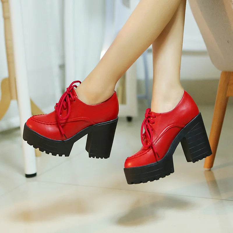 Classic Lace-up Ankle Boots For Women Red White Punk Heels Platform Euro Style Women's Shoes Autumn Spring High Heels Pump Shoes