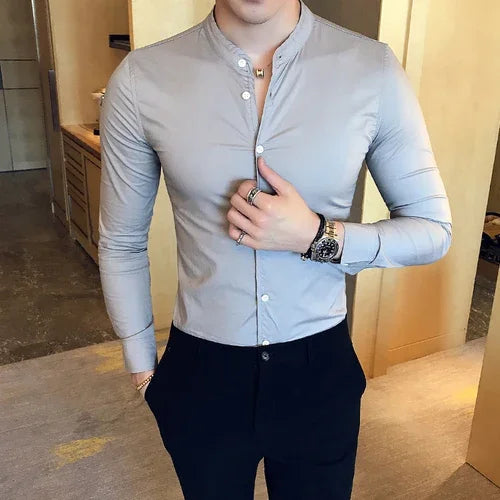 Men Slim Fit Shirt 2025 Autumn Cotton Solid Stand Collar Casual Business Long-sleeved Shirts Male Fashion Camisas Men Clothing