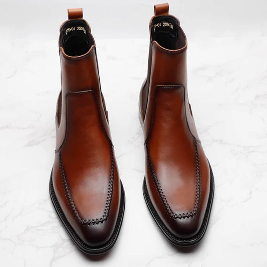 New men's Chelsea boots, youth British pointed leather shoes, vintage sleeve cowhide men's short boots.