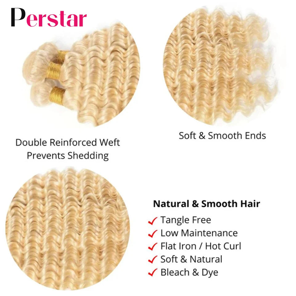 Perstar 613 Blonde Deep Wave Human Hair Bundles Brazilian Hair Extensions 613 Honey Blonde Deep Curly Bundles Human Hair Weave