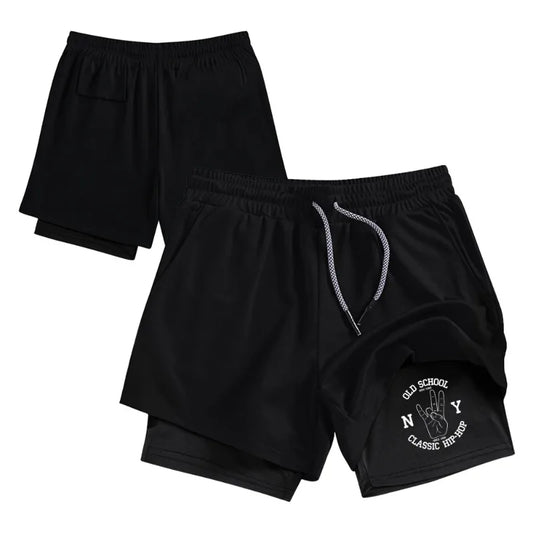 Streetwear Men's Double Layer Jogger Shorts Hip Hop 2-in-1 Casual Running Performance Quick Dry Athletic with Compression Liner