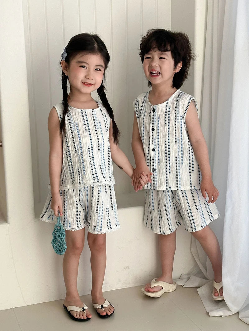 Summer Children's Vest Set Girls Lace Top Suit Kids Embroidered Striped Tank Top and Shorts 2Pcs Boys Casual Suit Sibling Outfit