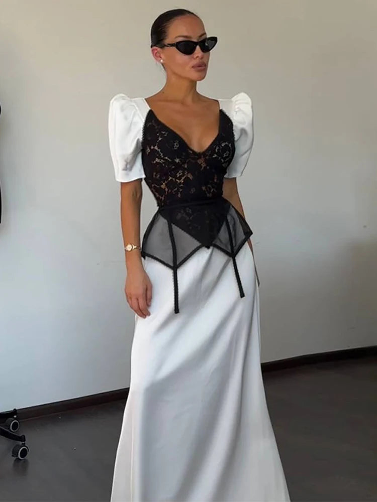 Lace Trim Satin Peplum Midi Dress Deep V-Neck Puff Sleeve A-Line 2026 Spring Summer Chic Elegant Romantic Women Cocktail Dress