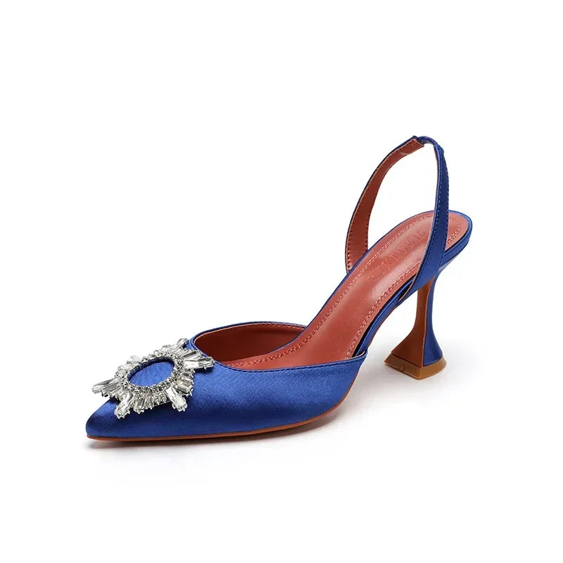 Large 43 Blue Women's High Heels Silk Satin Pointed Toe Rhinestone Crystal Heels Slip on Women's Wedding High Heels Sandals 2026