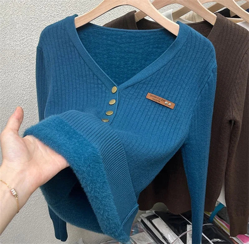2024 Thicken Velvet V-neck Sweater Women Korean Fashion Lined Warm Sueter Knitted Pullover Slim Top Winter Jersey Knitwear Jumpe