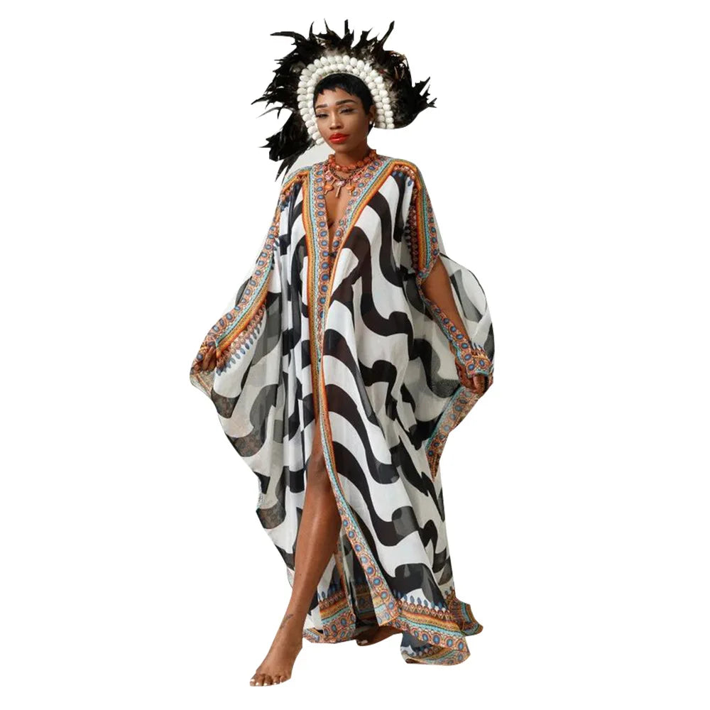 African Dresses for Women See-Through Chiffon Sexy V-neck Bohemian Printing Maxi Dresses Africa Kimono Bikini Holiday Beachwear