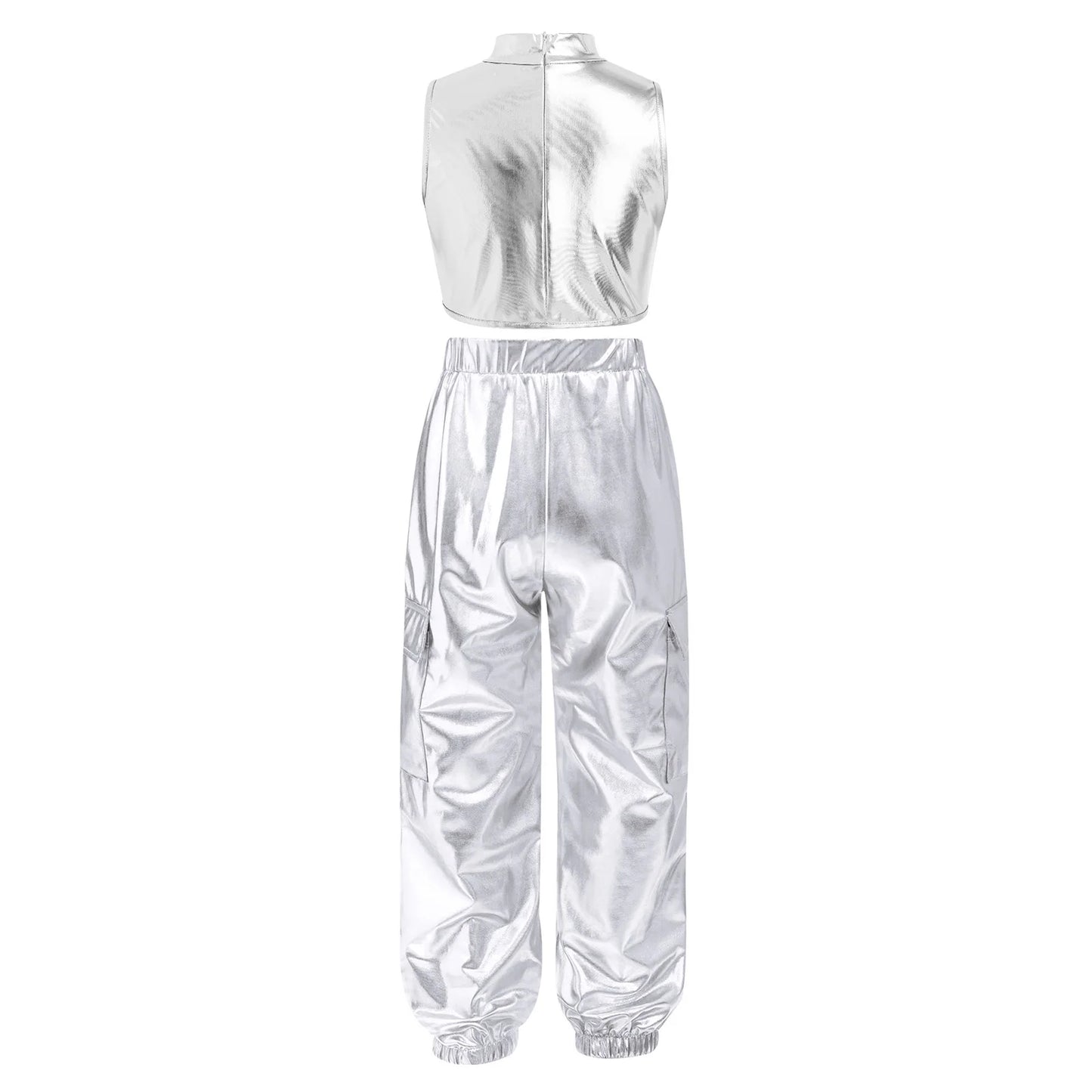 Kids Girls Disco Jazz Hip Hop Dance Outfit Sleeveless Shiny Sequin Ruffle Crop Top with Metallic Pants School Show Party Costume