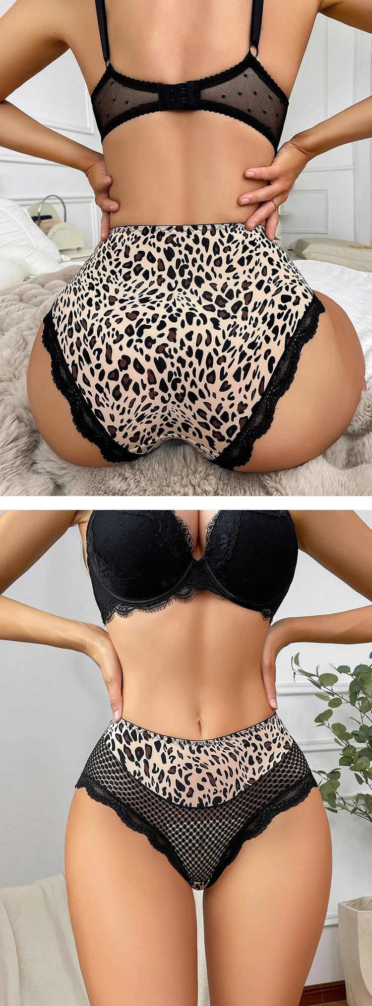 CINOON Women Sexy High Waist Leopard Print Panty Lace Mesh Stretchy Underwear Comfortable Transparent Hollow Out Lingerie