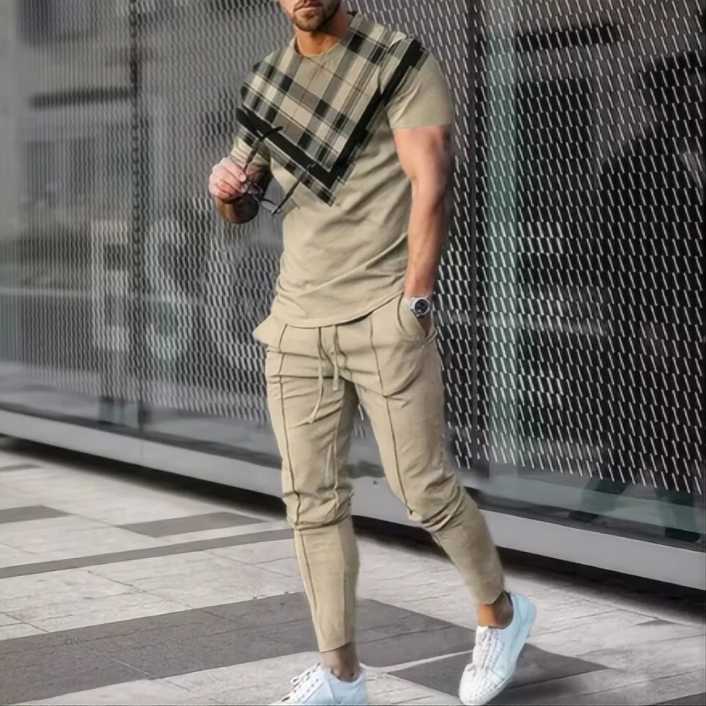 Men's sports set 2-piece jogging suit 3D printed summer fashion new style fun smile short sleeved men's T-shirt+pants