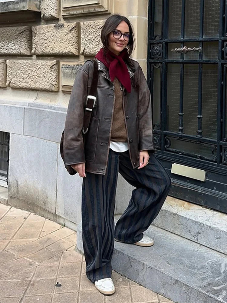Women Stripe Pants Barrel Leg Pant High-Waist Trousers Loose Fit Woman Clothes Casual Bottom Daily Outfit Lady Clothing Outwear