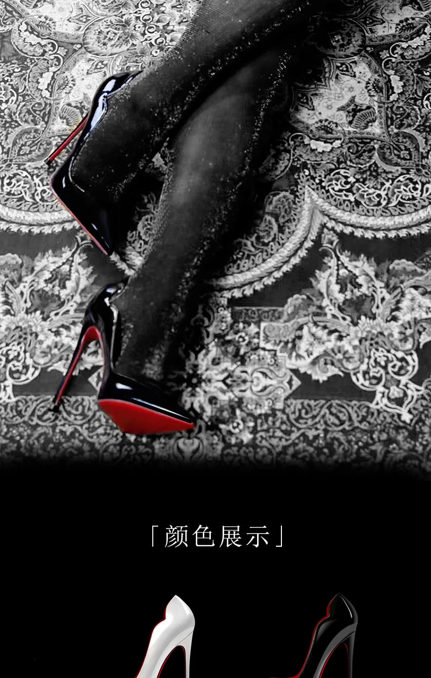 2024 New 12cm Super Shallow Mouth Black Red Sole High Heels Women's Thin Heels Sexy Pointy Large Size Single Shoes