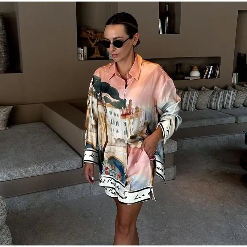 Floral Print Women Two Piece Set With Turn Down Collar Summer Casual Suit
