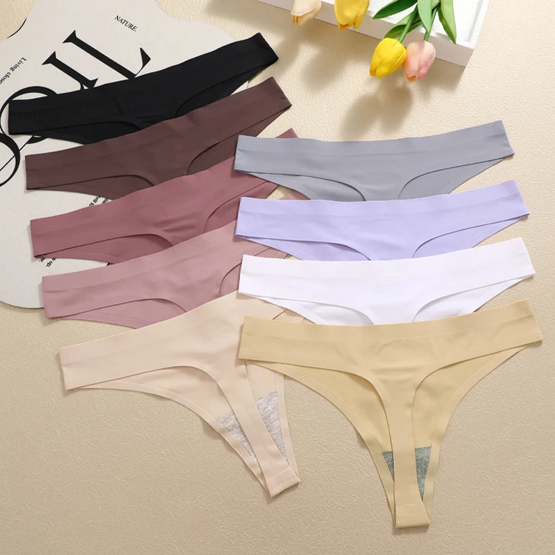 6PCS Women's S-XL Seamless G-String Underpants Low Rise Solid Color Ice Silk Undewear Female Traceless Soft Comfortable Lingerie