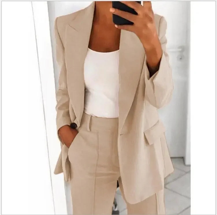 2025 S-5XL Women's Blazer Casual Long-sleeved Top Solid Color Suit Collar Button Simple Temperament Commuter Plus Size Blazer