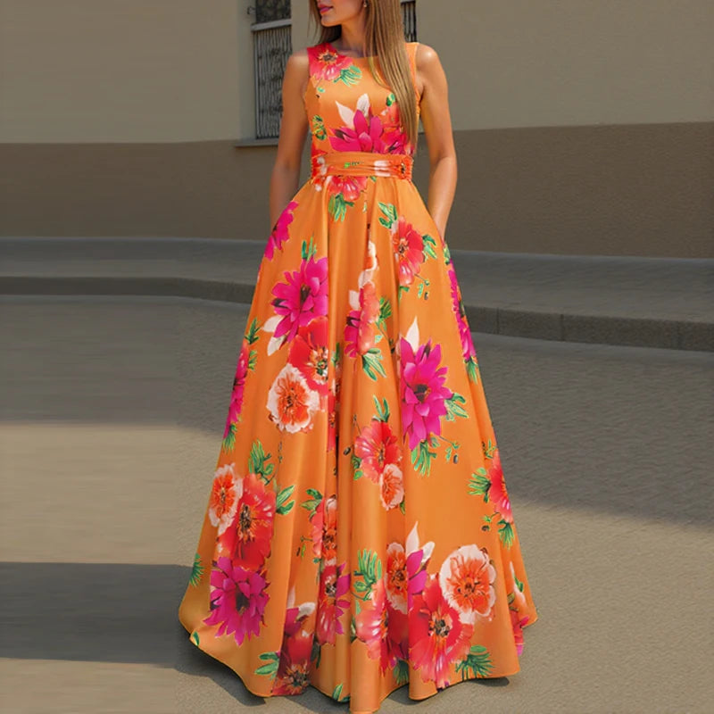 ZANZEA Women Floral Printed Bohemian Sundress 2026 Summer Tank Dress Fashion Sleeveless Waisted Robe Casual Party Maxi Dresses
