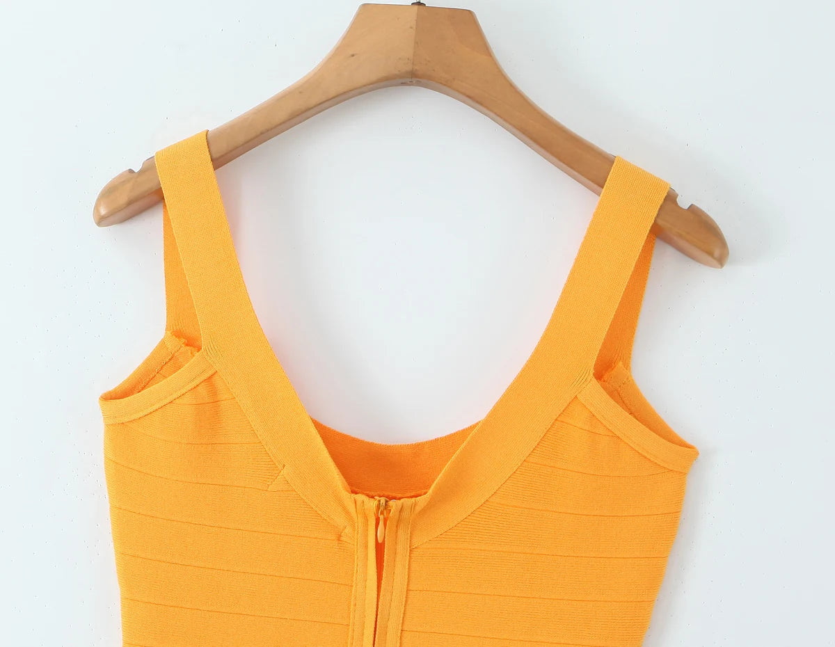 2025 Sexy O neck Knitted Mini Sling Dress Women Zipper Back Package Hips Short Tank Dresses Skinny Robe Orange Pink