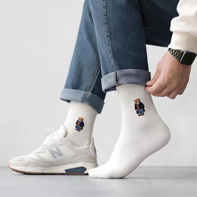 Good Quality Cartoon Gentleman Bear Men's Socks Cotton Harajuku Style Sport Boys Skateboard Novelty Breathable  Christmas Gifts