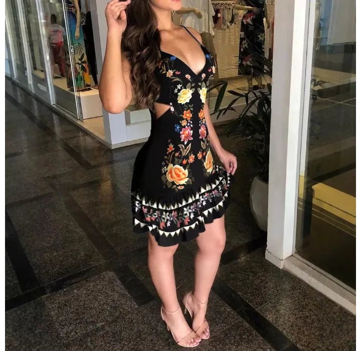 Sexy Dress for Women New Fashion 2024 Summer Elegant Hollow Suspender V-Neck Exposed Waist Printed Dresses Casual Short Skirt